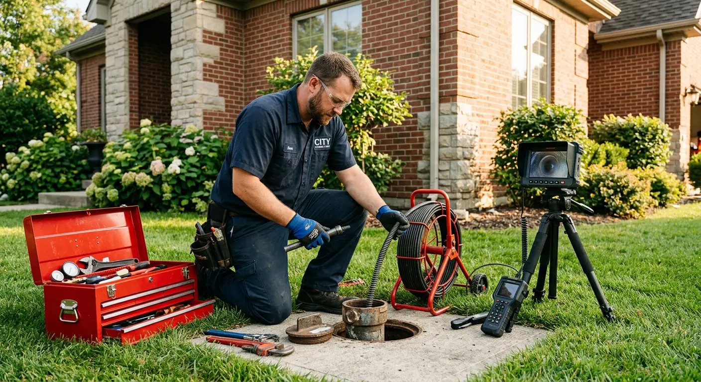 Sewer specialist with camera equipment servicing a cleanout in Laplace