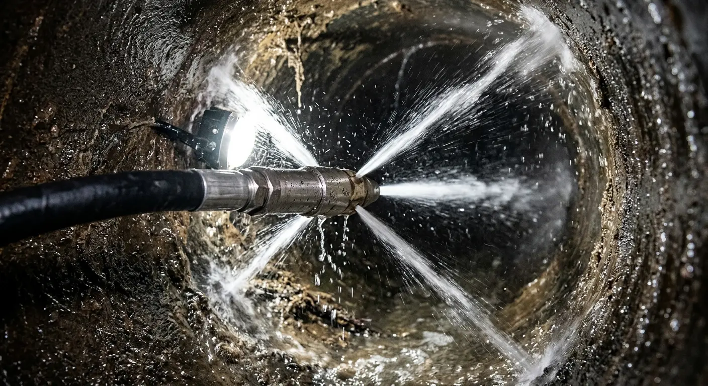 High-pressure hydro jetting nozzle cleaning sewer pipe for Emergency Drain Service in Laplace