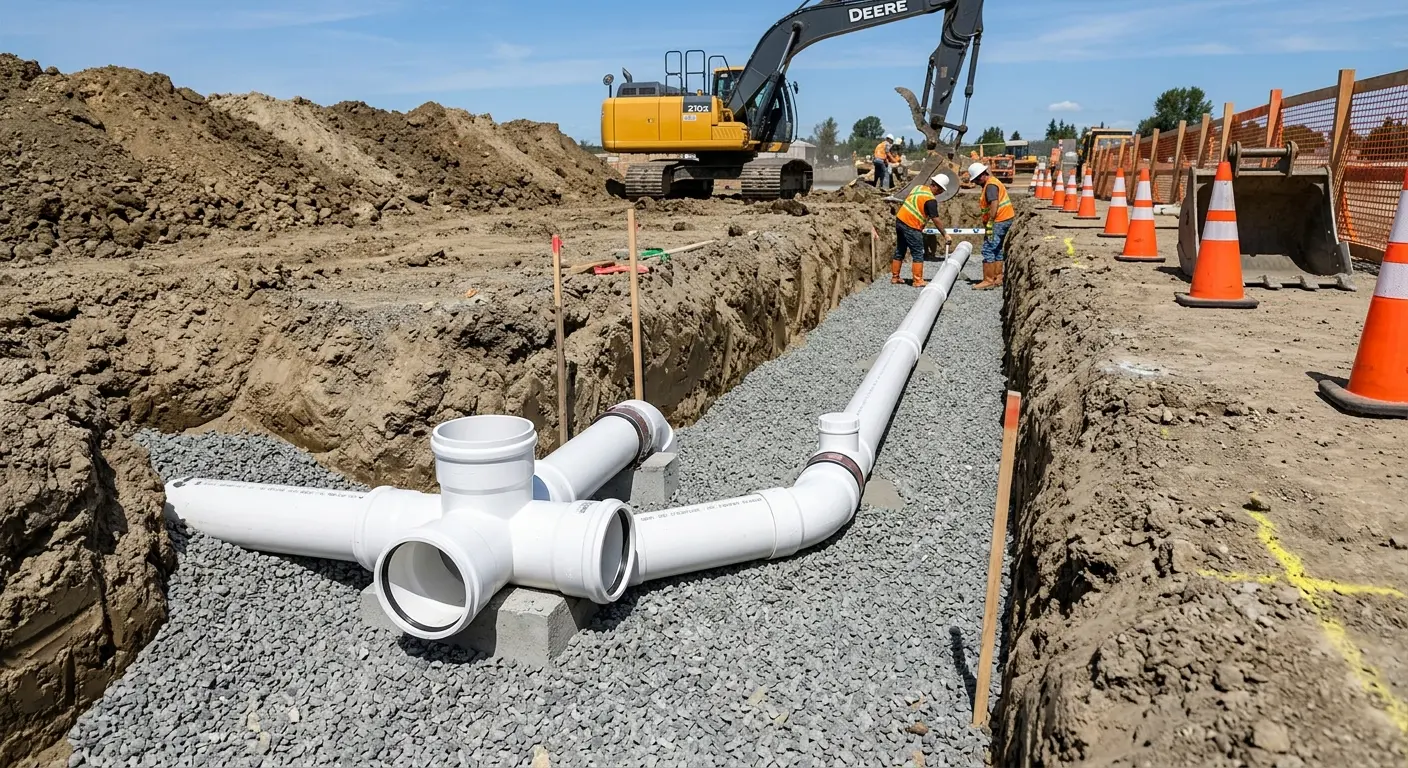 New PVC sewer pipe installation in open trench for Grease Trap Cleaning in Laplace