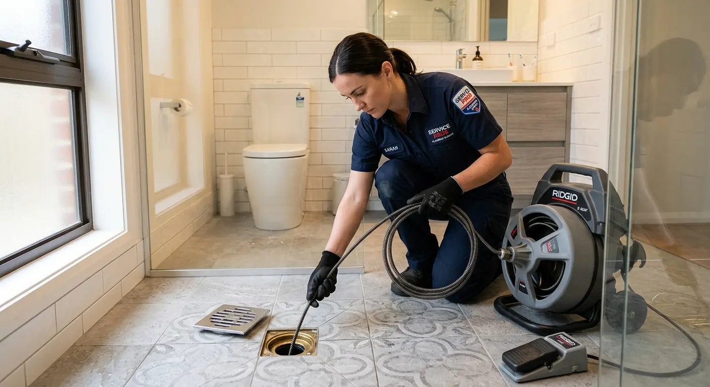 Technician clearing a bathroom floor drain for Drain Cleaning in Laplace